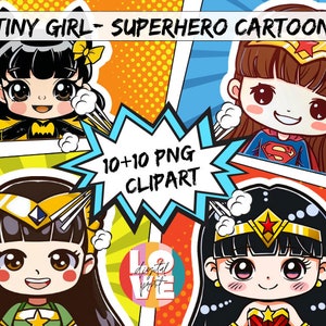 Tiny Girl Superhero Cartoon Clipart, 10+10 PNG Clipart, Birthday Party, Stickers, Murals, Instant Download.