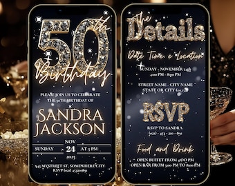 Glam 50th Birthday Video Invitation | Black, Gold, Silver (Digital Download)