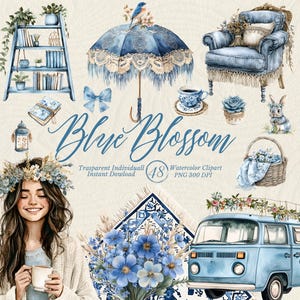 Blue Blossom Watercolor Clipart - Spring Planner, Planner Girl, Book Lover, Spring Floral PNG Bundle for Cards, Invitations, Scrapbooking