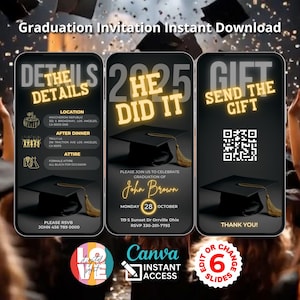 Faire-part de remise des diplômes, noir animé, invitation il l'a fait, faire-part de remise de diplôme numérique, promotion 2025, carte électronique modifiable