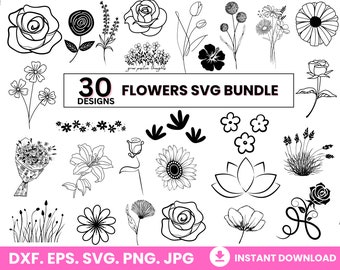May include: A set of 30 black and white flower SVG designs. The designs include various types of flowers, such as roses, lilies, sunflowers, and daisies. The text "30 FLOWERS SVG BUNDLE" is at the top of the image.