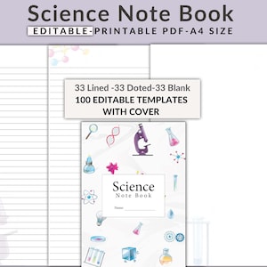 以下が含まれることがあります： 顕微鏡、ビーカー、その他の科学関連のイラストが描かれた、印刷可能な科学ノートの表紙。表紙には「Science Note Book」というテキストと、名前と日付を記入するスペースがあります。