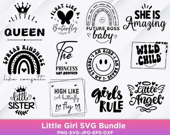 Puede incluir: Un conjunto de 12 archivos de corte SVG en blanco y negro con citas y diseños inspiradores para niñas. Los diseños incluyen frases como "Pequeña Reina", "Futuro Jefe Bebé", "Difundir la bondad", "Las chicas mandan" y "Pequeño Ángel".