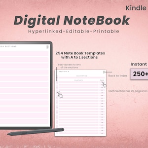 Może przedstawiać: Cyfrowy notes do tabletów Kindle Scribe z 254 szablonami i ponad 250 stronami. Notes zawiera hiperłącza, jest edytowalny i nadaje się do druku. Obraz przedstawia zbliżenie otwartego notesu na różowym tle.