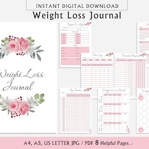 Könnte beinhalten: Ein druckbares Gewichtsabnahme-Tagebuch mit 8 Seiten. Das Cover zeigt ein rosafarbenes Blumenmuster mit dem Text "Weight Loss Journal". Die Seiten enthalten Abschnitte zum Verfolgen von Mahlzeiten, Schritten, Gewicht und Lieblingsrezepten.