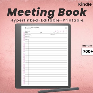 May include: A digital meeting book for Kindle Scribe tablets. The book has a black cover and a white interior with a calendar, date, time, location, subject, and notes sections. The book is hyperlinked, editable, and printable. The text "Meeting Book" is in large, bold letters at the top of the image. The text "Hyperlinked-Editable-Printable" is below the title. The text "Kindle Scribe tablets" is in the upper right corner of the image. The text "Instant Download" is in the lower right corner of the image. The text "700+ Pages" is in a white box with a black border in the lower right corner of the image.