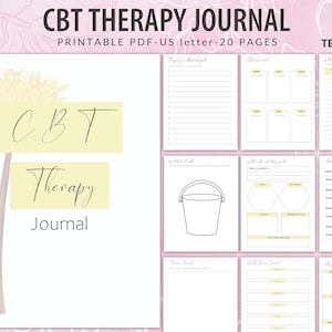 Puede incluir: Un diario de terapia cognitivo-conductual (TCC) imprimible de 20 páginas. La portada presenta un diente de león amarillo con el texto "CBT Therapy Journal" en negro.