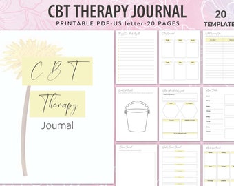 May include: A printable CBT Therapy Journal with 20 pages. The cover features a yellow dandelion with the text "CBT Therapy Journal" in black.