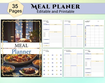 Planificador de comidas 2024: Menú semanal, lista de la compra, diario de comidas (PDF editable)