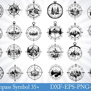 Puede incluir: Una colección de diseños de brújulas en blanco y negro con escenas de montañas y bosques. Cada brújula tiene una ilustración de paisaje diferente dentro del marco circular. La imagen incluye el texto "Compass Symbol 35+".