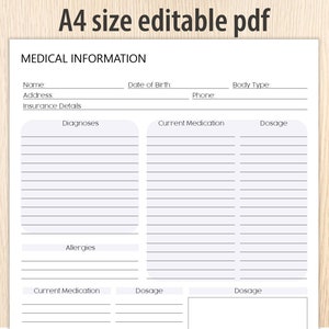 Medical Information Template: Patient Records, Health Data (A4 Editable PDF)