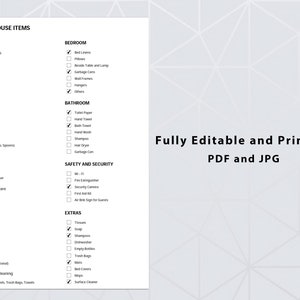 Könnte beinhalten: Eine druckbare Checkliste für wichtige Haushaltsgegenstände, sortiert nach Räumen. Die Checkliste umfasst Kategorien wie Küche, Schlafzimmer, Badezimmer, Sicherheit und Sicherheit sowie Extras. Das Dokument ist vollständig editierbar und in den Formaten PDF und JPG druckbar.