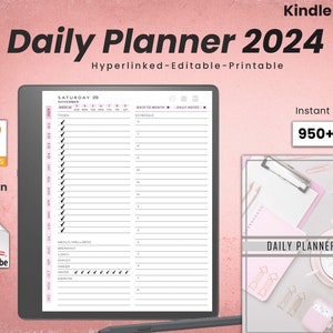 May include: A digital planner for 2024 on a Kindle Scribe tablet. The planner is open to a Saturday page with a list of tasks, a schedule, and a section for meals and wellness. The text "Daily Planner 2024" is visible on the screen. The image also shows a pink alarm clock, a clipboard, and a pair of gold paper clips.