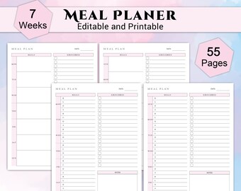 7-Week Meal Planner: Weekly Menu, Diet & Grocery List (Editable PDF)