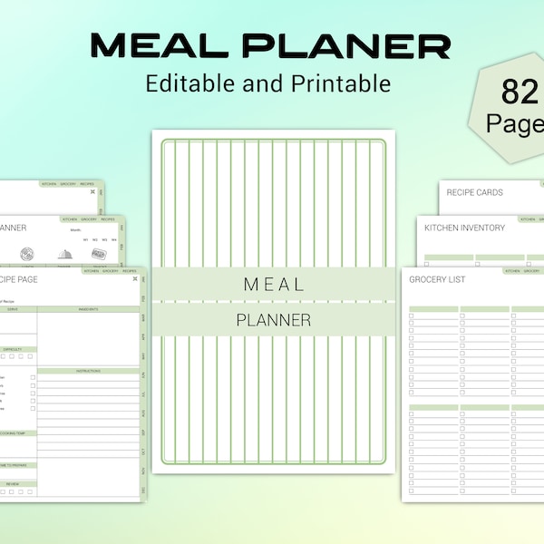 Meal planner, Bundle, 82 pages, Weekly meal plan, Grocery list, Recipe organizer, Meal prep, Healthy eating, Food journal Printable Editable