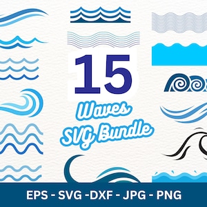 May include: A collection of 15 wave designs in shades of blue and black. The image includes various wave illustrations, along with the text "Waves SVG Bundle". File formats include EPS, SVG, DXF, JPG, and PNG.