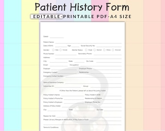 Formulario de Historial del Paciente: Plantilla de Historial Médico (PDF A4 Editable)