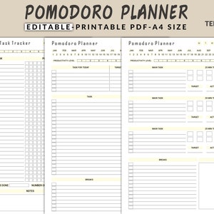 May include: A printable Pomodoro planner with three templates. The planner includes sections for productivity level, task for today, main task, 25-minute tracker, breaks, and notes.