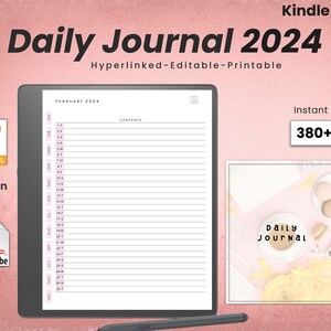 Może przedstawiać: Cyfrowy planer dla tabletów Kindle Scribe, z dziennikiem codziennym na 2024 rok. Planer jest hiperłączony, edytowalny i nadaje się do druku. Obraz przedstawia zbliżenie strony kalendarza na luty 2024 z sekcją treści. Planer jest dostępny do natychmiastowego pobrania i zawiera ponad 380 stron.