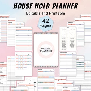May include: A printable household planner with 42 pages. The planner includes sections for daily routines, monthly bills, financial goals, family chores, and more. The pages are decorated with pastel colours and a simple design.