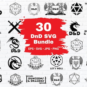 May include: A collection of 30 Dungeons and Dragons (D&D) SVG designs. The designs feature dragons, dice, swords, and other D&D-themed imagery. The designs are available in EPS, SVG, JPG, and PNG formats.