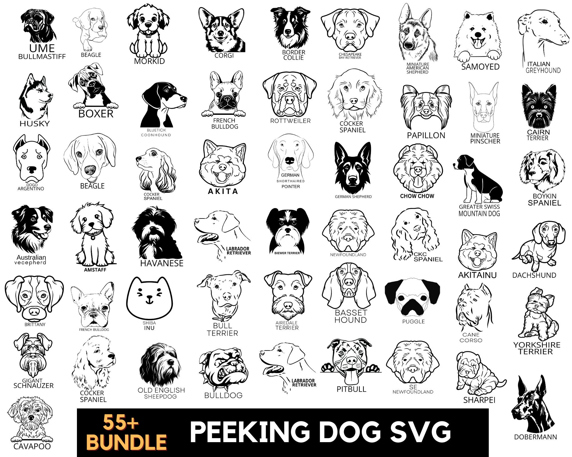 55+ Dog Breeds SVG PNG Bundle: Playful Peeking Dog Designs