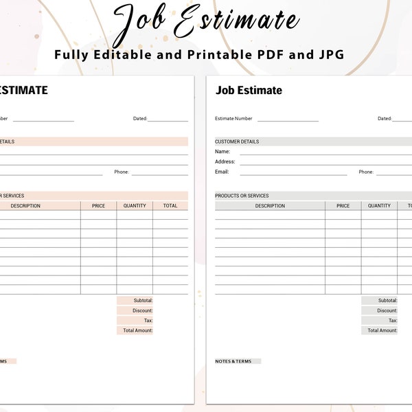 Job Estimate Template, Printable Job Estimate Template PDF, Business template, Pricing template, Creative projects, Small business tools