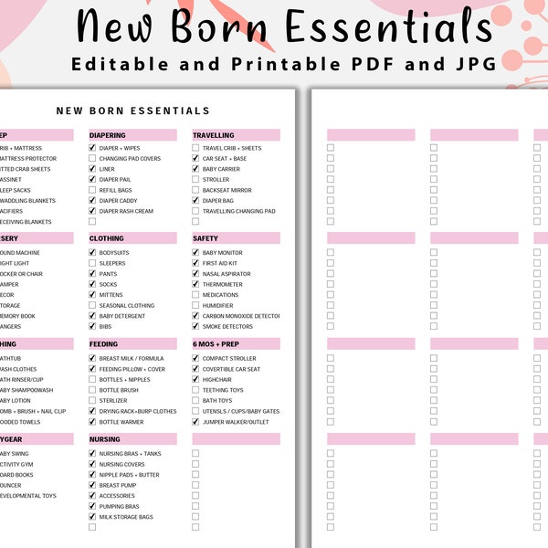 New born essentials, Baby Essentials Checklist Editable, Newborn Checklist, Nursery Checklist, Baby Registry Checklist, Pregnancy Checklist