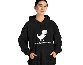 Felpa con cappuccio Dino No Connection, Felpa con dinosauro in bianco e nero, Divertente felpa con cappuccio Dino offline, Abbigliamento tecnologico umoristico, Camicia con cappuccio Geek Chic