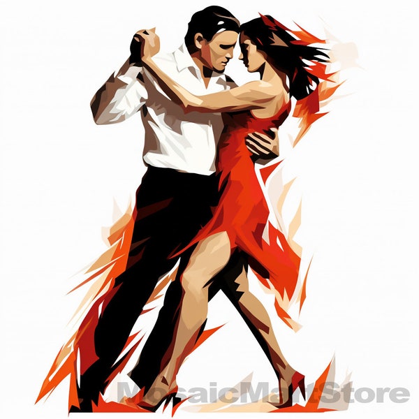 Passionate Embrace: A Fiery Tango Dance Illustrated in Vibrant Red and Orange Tones Digital image couple dance Set of 3