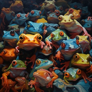 Peut inclure: Une peinture colorée d'un groupe de grenouilles dans différentes poses. Les grenouilles sont peintes dans des tons de vert, bleu, jaune, rouge et orange. La peinture est réalisée dans un style réaliste et les grenouilles semblent être en trois dimensions.