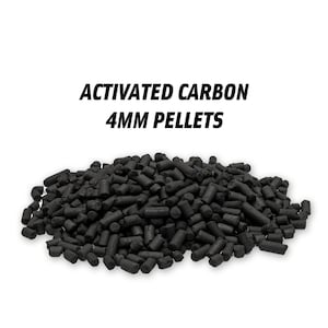 May include: A close-up of a pile of black activated carbon pellets, 4mm in size. The pellets are used for filtering and purifying water, air, and other substances.