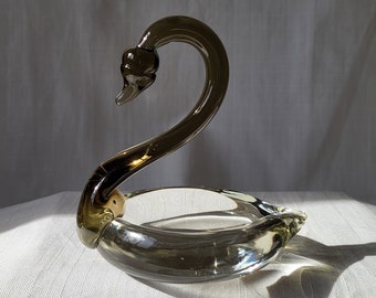 Vintage Art Glass Swan Trinket Dish: Black & Clear Czechoslovakian Decor