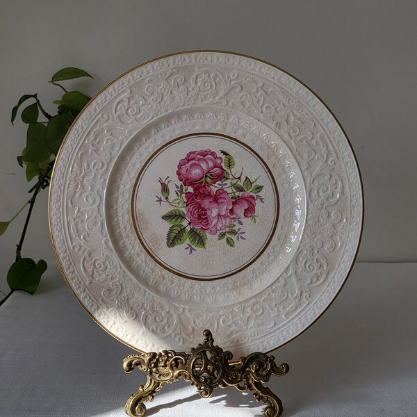 11" Large Vintage WEDGWOOD & Co White Embossed Hand Painted Pink Rose Ceramic Dinner Plate with Gold Trim, Made In England, 1930s.