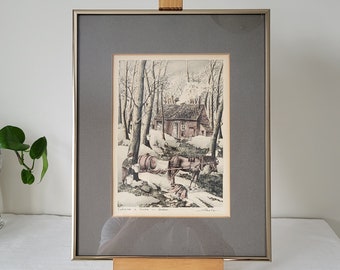 Vintage Etching Print "Cabane à sucre ~ Québec" , Signed by the Artist Nikola, Hand-Colored, Traditional Charm.