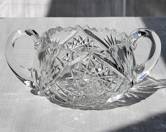 4" Vintage Heavy Lead Crystal Sugar Bowl, Star Pattern, Hand Cut.