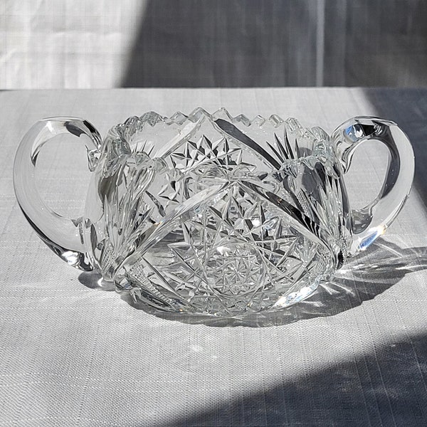 4" Vintage Heavy Lead Crystal Sugar Bowl, Star Pattern, Hand Cut.