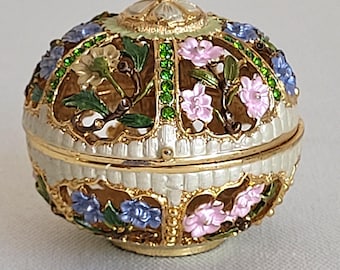 Enamel Hinged Trinket Box: Rhinestone Inlaid Jewelry Storage