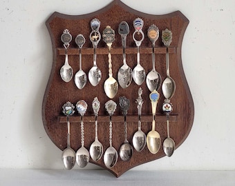 Vintage Wooden Shield Spoon Rack, 16 Souvenir Spoons, 1980s Travel Memorabilia