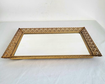 Vintage Gold Lace Mirror Tray, Hollywood Regency Decor, 16 inch