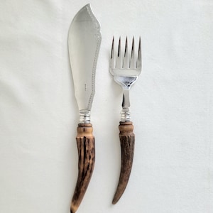 Antique English Fish Serving Set – Sterling Silver Handles 1921 & 1924, Antler Handle, George Howson Sheffield, Flatware and Silverware.