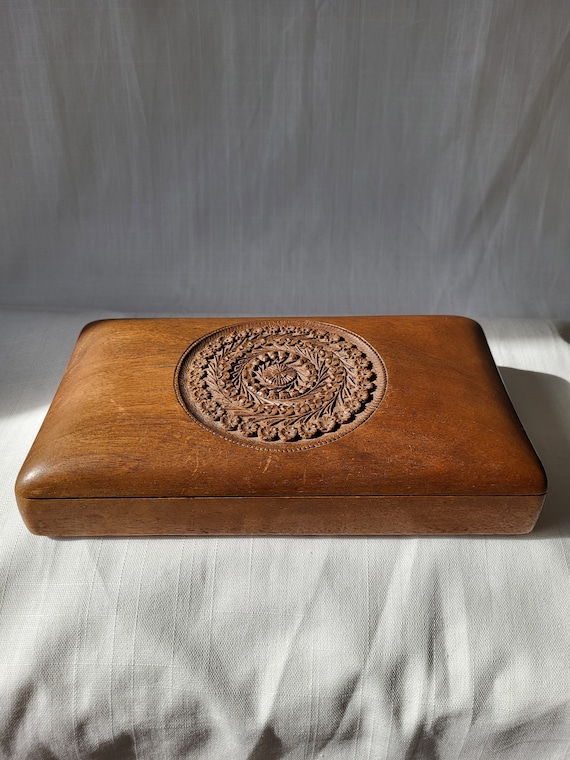9" Vintage Wooden Carved Jewelry or Ornament Box,… - image 1