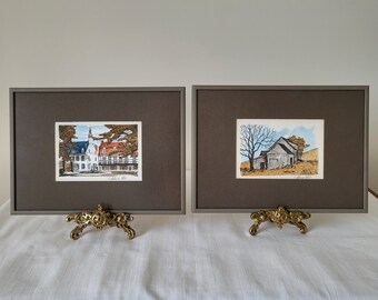 A pair of original watercolor landscape paintings, with the artist's handwritten signature and original frames and Paper Label.