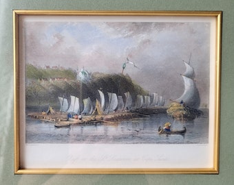 Antique Etched Steel Engraving "Raft on the St. Lawrence at Cape Sante " , Hand-Coloured, 1840.