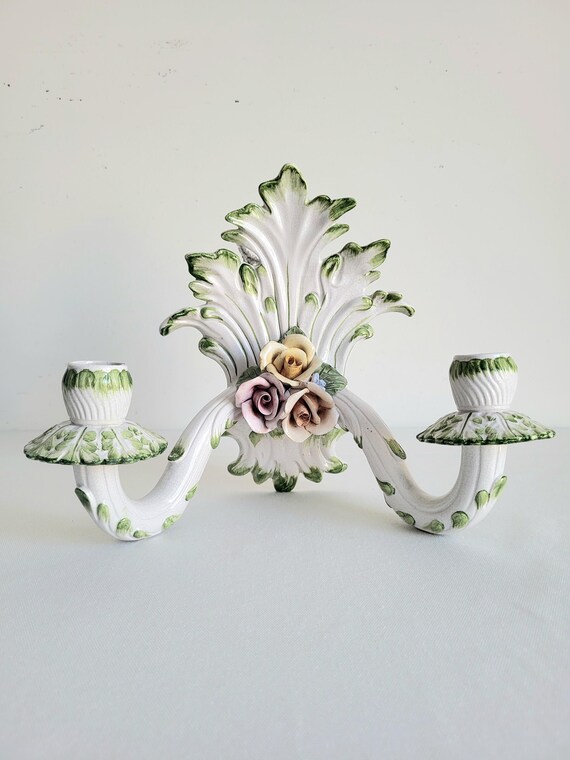 Vintage Bassano Ceramic Wall Sconce: Rococo Floral Candle Holder