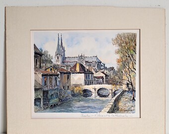 Signed Chartres Cathedral Watercolor Painting: French Vintage Art, Numbered