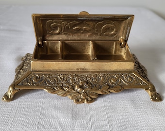 6&quot; Antique Brass Stamp Holder with Hinged Lid, Rococo style, Writing Accessory, 1900s, Study and Office Decoration, Festival Decor and Gift.