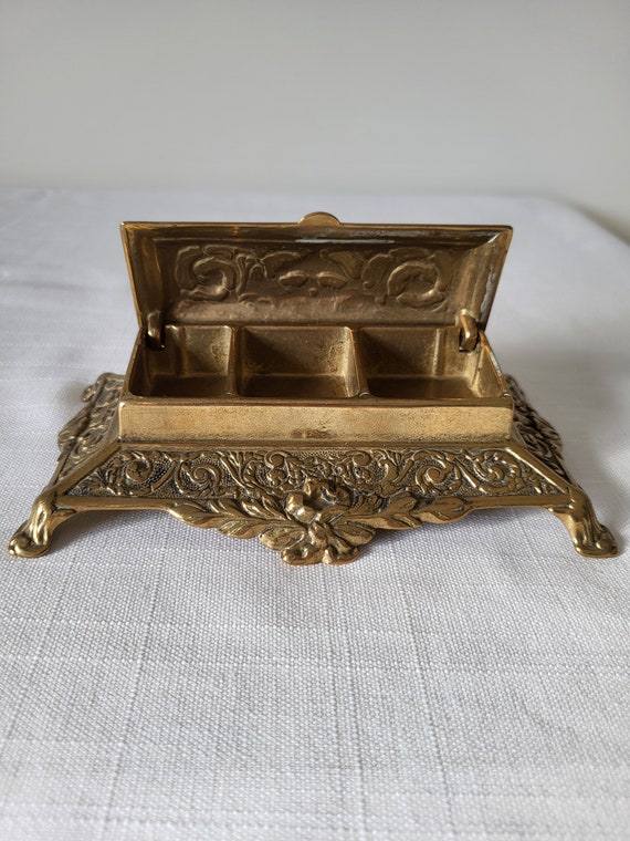 Antique Brass Stamp Holder: Rococo Style Hinged Trinket Box