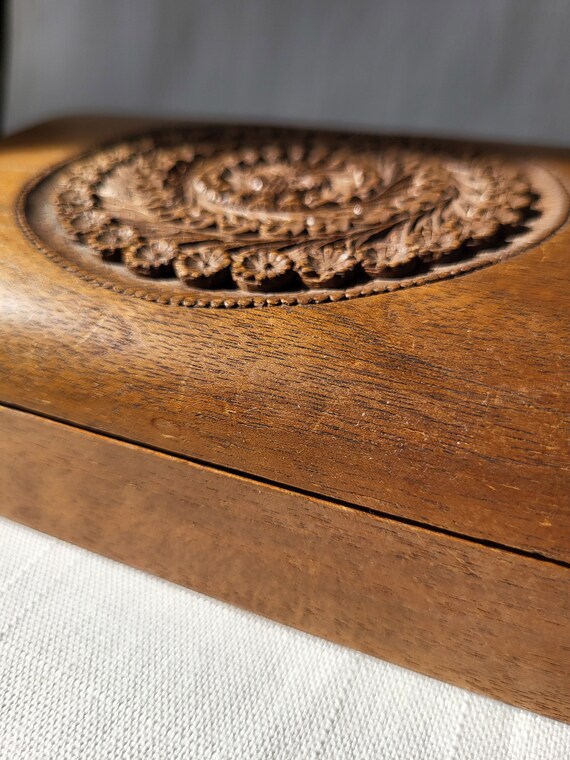 9" Vintage Wooden Carved Jewelry or Ornament Box,… - image 4