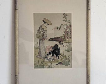 Mid-Century Japanese Woodblock Print Torii Kiyonaga Bijin-ga, Framed Ukiyo-e Miniature with Provenance